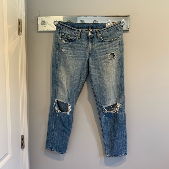 Rag and Bone Boyfriend Jeans in Moss with Holes - Picture 2 of 8